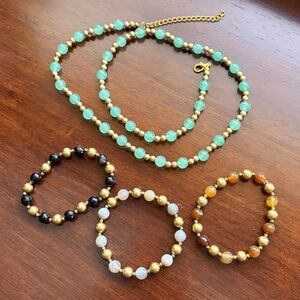 Gold Toned Beaded Necklace & 3 Elastic Bracelets Set